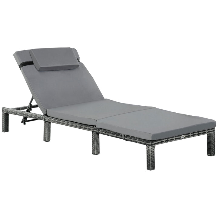 Rattan Sun Lounger, 5-Level Adjustable Garden Lounger Recliner with Cushion and Headrest, Outdoor Reclining Sunbed, Steel Frame Garden Chair for Patio, Beach, Terrace, Dark Grey
