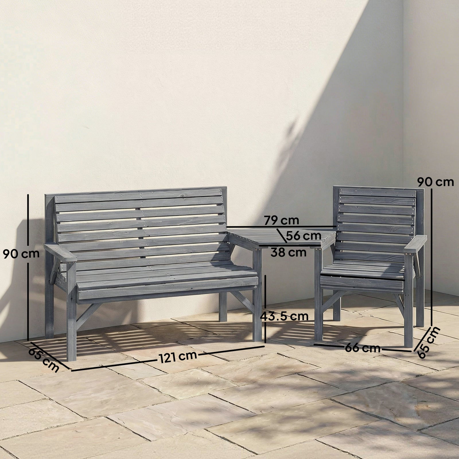 Wooden Garden Furniture Set with Parasol Hole, 1 Chair, 1 Bench and De