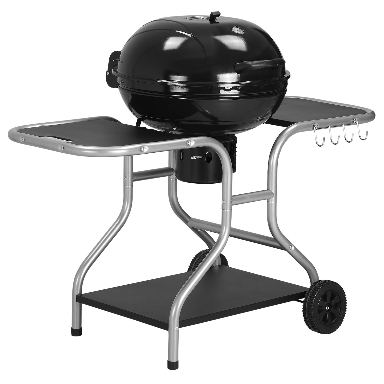 Portable Charcoal Kettle Grill Outdoor Barbecue Trolley BBQ Heat Smoker Grilling with 2 Wheels, Storage Shelf and 4 Hooks, Free Standing, Black