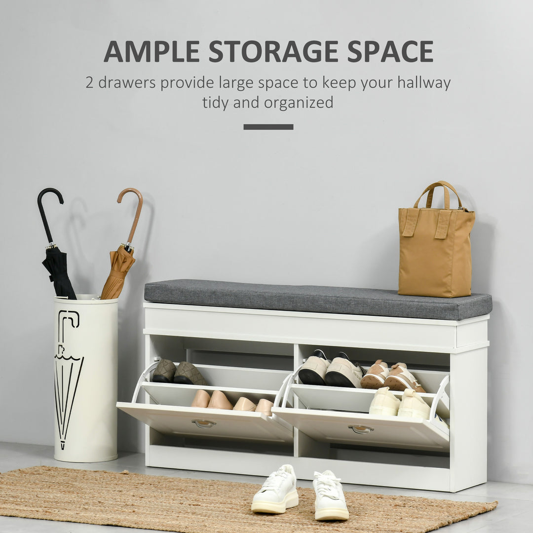 Shoe Storage Bench with Flip Drawers, Shoe Cabinet with Seat Cushion and Adjustable Shelf for Hallway, Entryway, Living Room, Bedroom, White