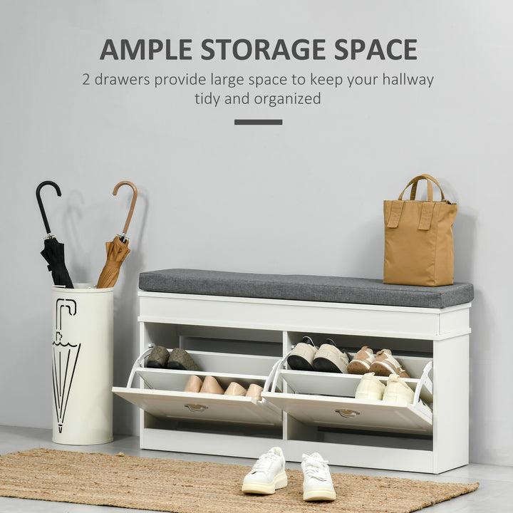 Shoe Storage Bench with Flip Drawers, Shoe Cabinet with Seat Cushion and Adjustable Shelf for Hallway, Entryway, Living Room, Bedroom, White