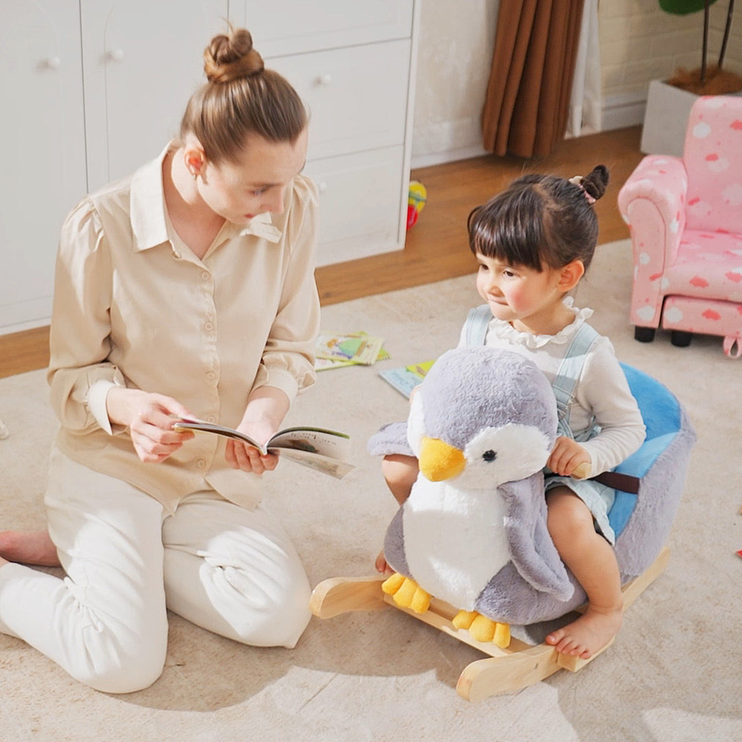 MCL Children Kids Animal Rocking Horse Penguin Plush Musical Button 32 Songs Kid Rocker for 18+ Months
