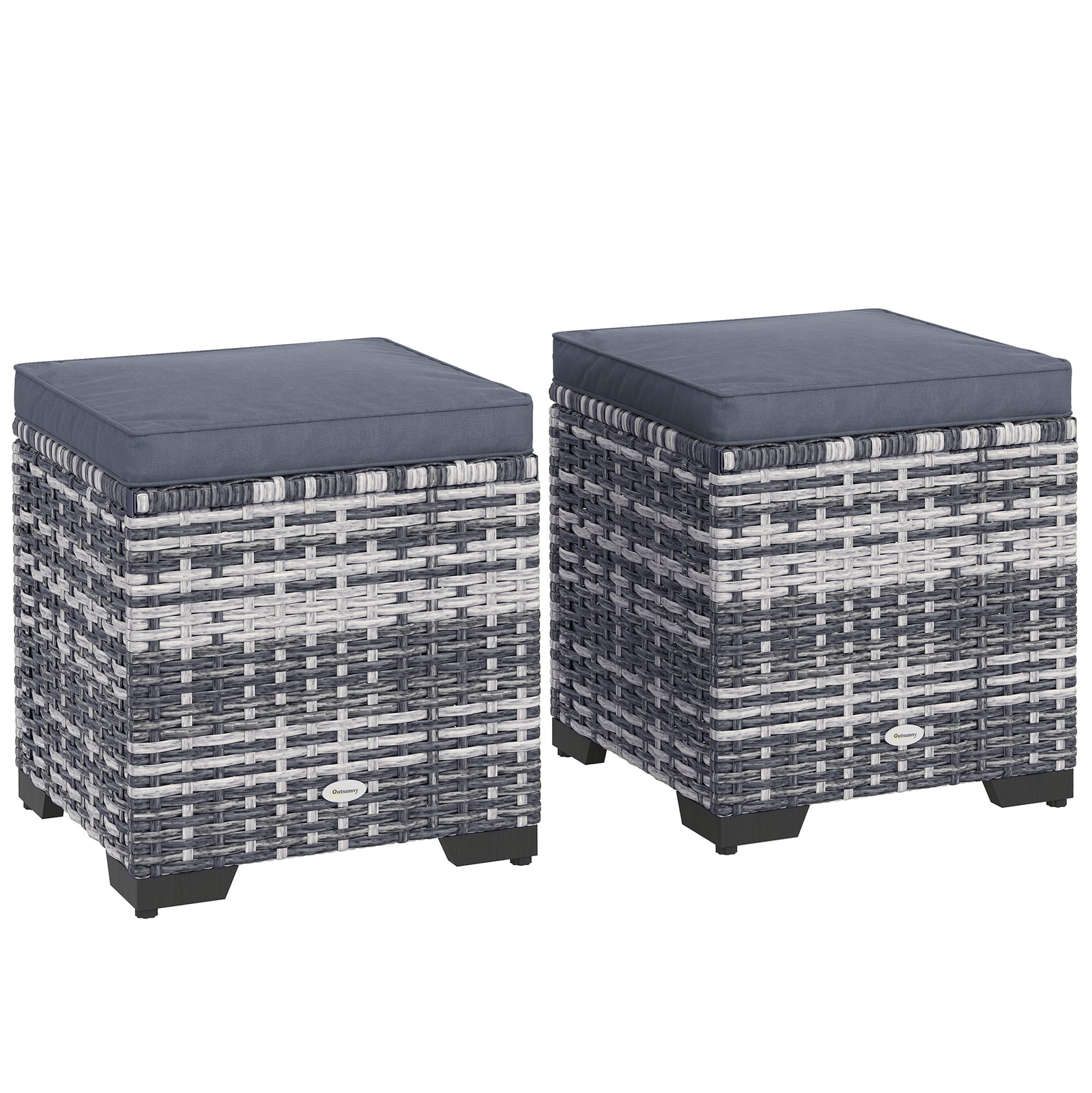 Set of 2 Rattan Storage Ottoman, Outdoor Footstool with Removable Cushions, Garden Storage Seat for Balcony, Porch, Living Room, Dark Grey