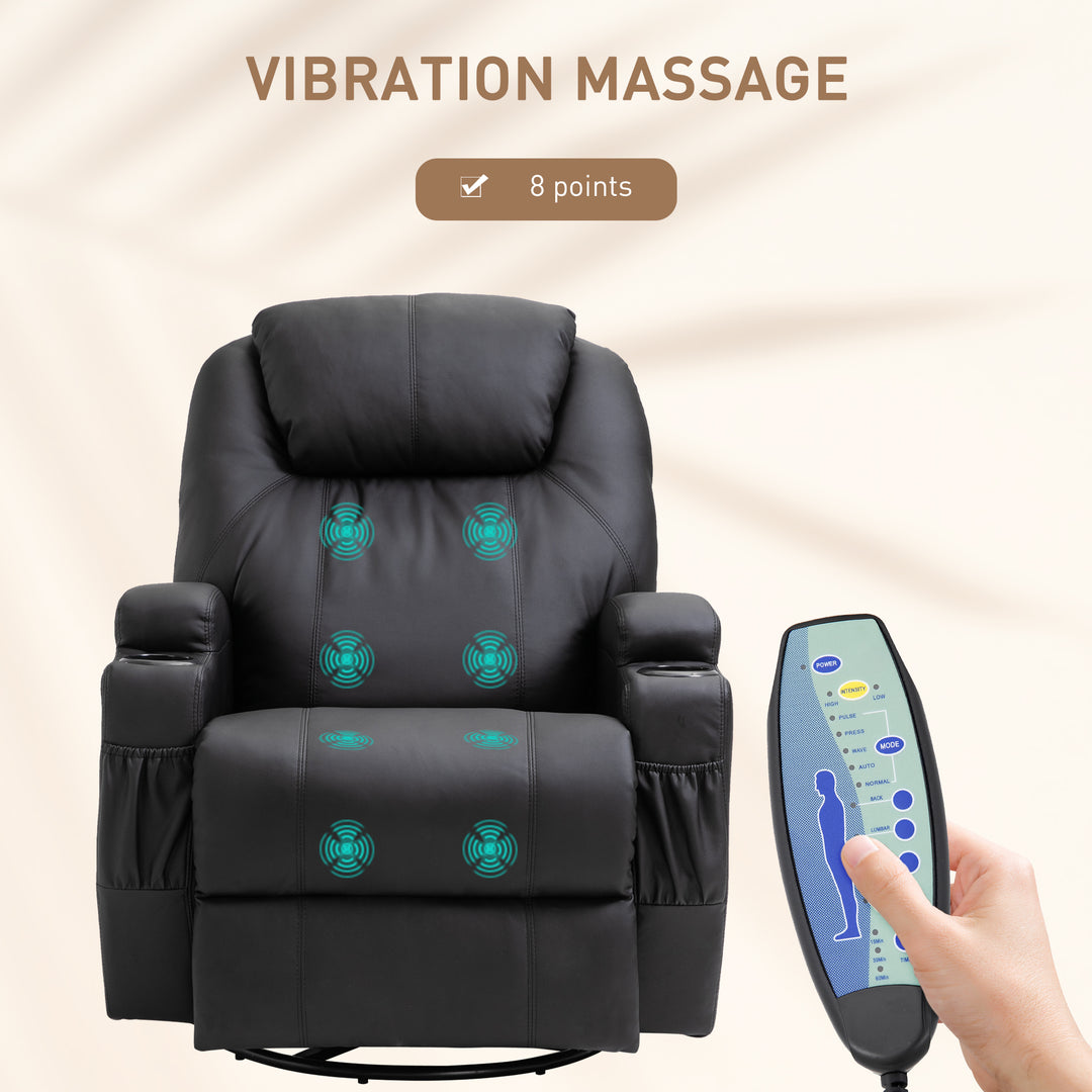 Recliner Chair, Recliner Massage Rocker Chair with 360° Rotate, 165° Reclining Function, Adjustable Footrest, Swivel Armchair Single Sofa for Living Room with Drink Holders, Side Pockets, Black