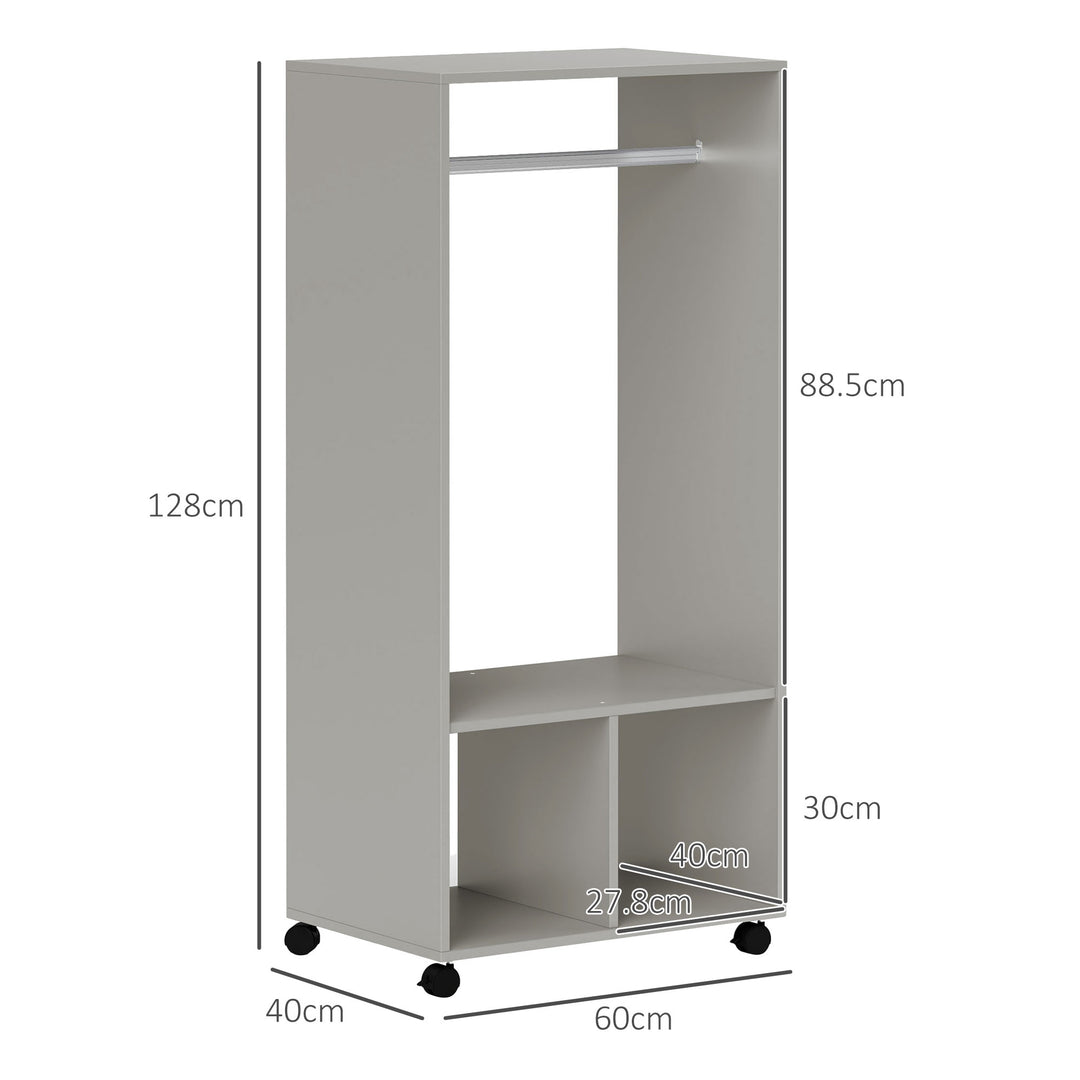 Open Wardrobe on Wheels, Bedroom Wardrobe with Clothes Hanging Rail, 2 Storage Shelves, Mobile Garment Rack for Cloakroom, Hallway, Grey