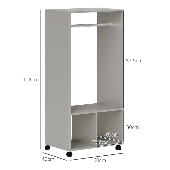 Open Wardrobe on Wheels, Bedroom Wardrobe with Clothes Hanging Rail, 2 Storage Shelves, Mobile Garment Rack for Cloakroom, Hallway, Grey