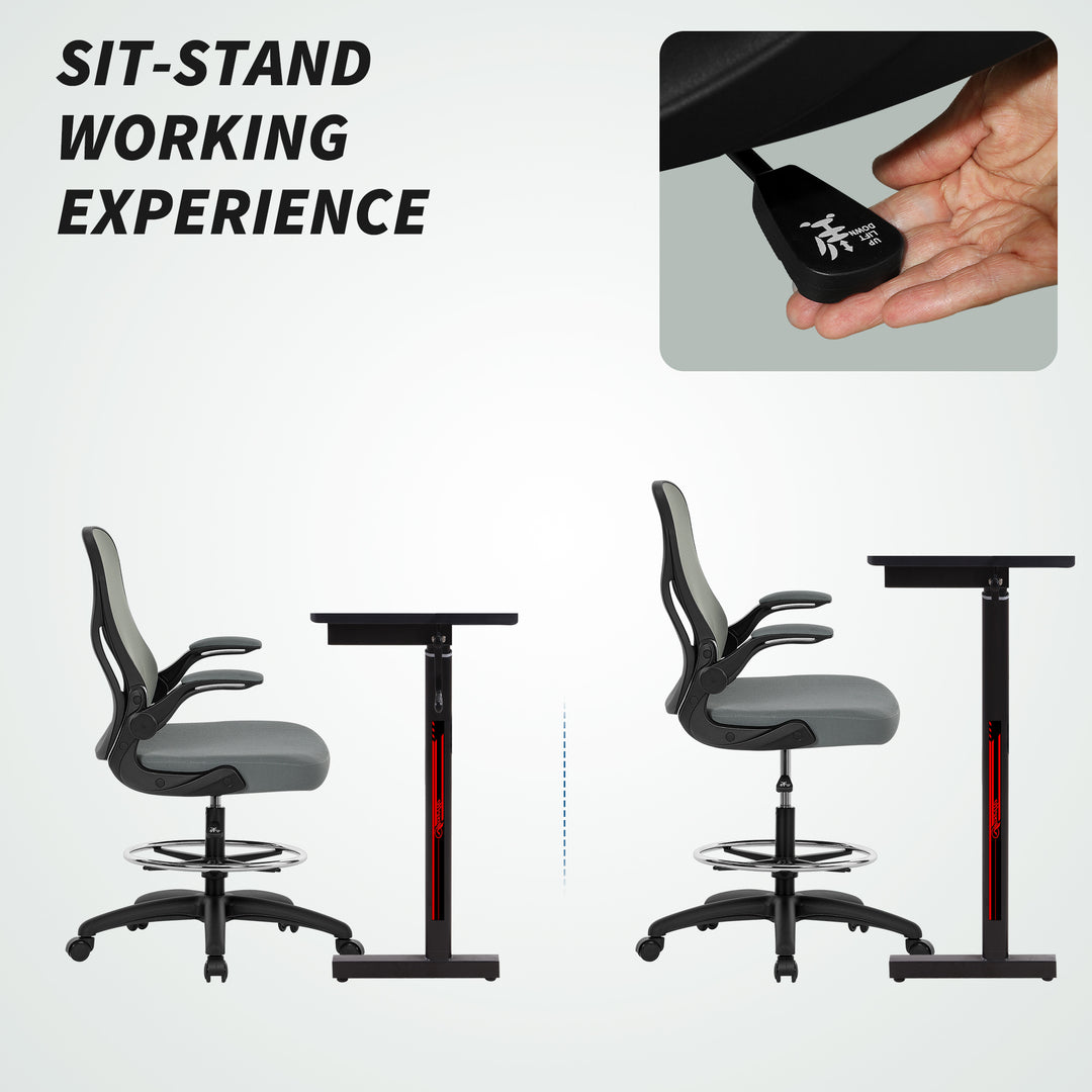 Draughtsman Chair with Flip-up Armrests, Mesh Standing Desk Chair with Lumbar Support and Adjustable Foot Ring for Bar Counter, Charcoal Grey