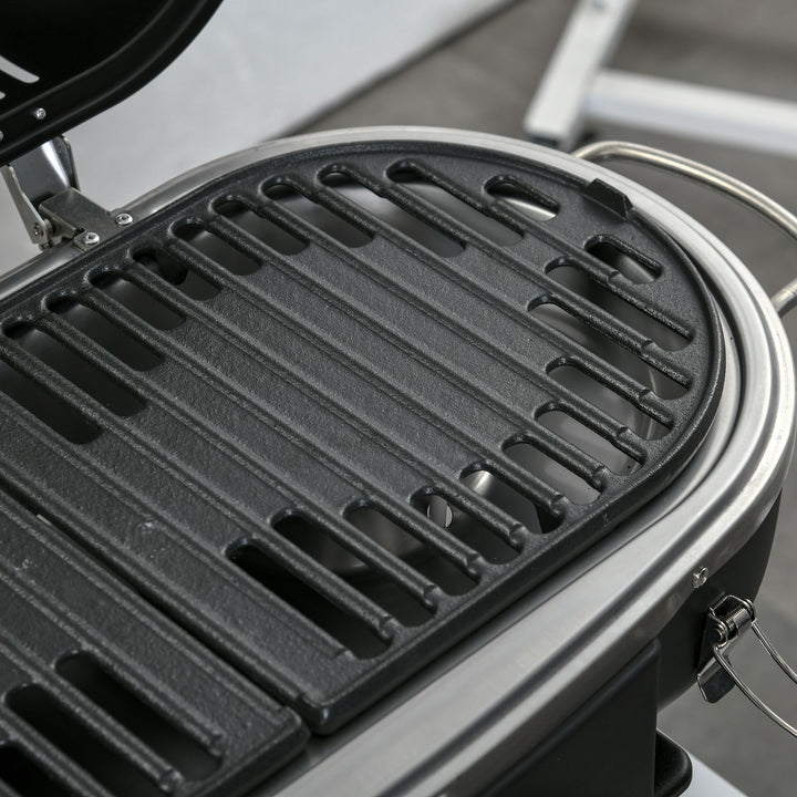Foldable Gas BBQ Grill 2 Burner Table Top Barbecue with Lid Piezo Ignition Thermometer for Camping Picnic Cooking, Aluminium Alloy