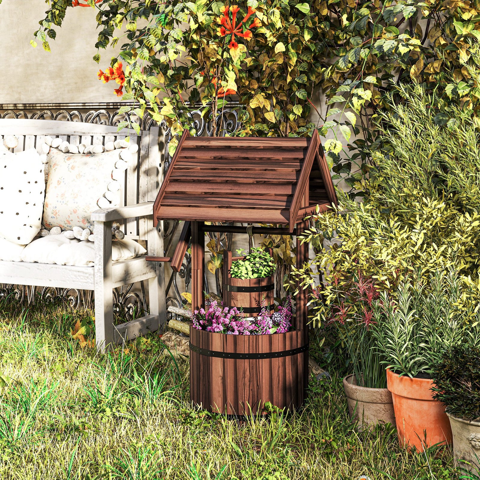 Wood Wishing Well for Outside with Hanging Bucket, Wishing Well Plante