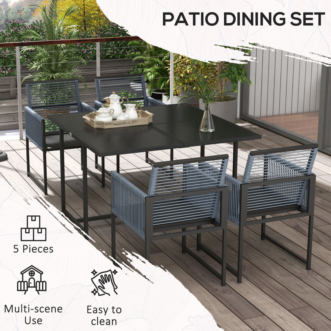 Outsunny 5 Pieces Garden Dining Set, Patio Dining Set, 4 Seater Outdoor Table and Chairs w/ Foldable Backrest, Tempered Glass Top, Handwoven