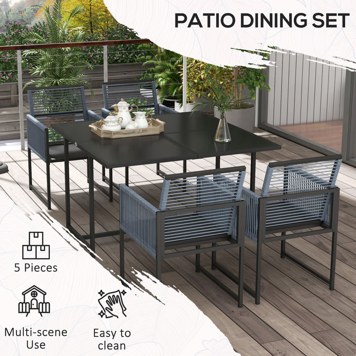 Outsunny 5 Pieces Garden Dining Set, Patio Dining Set, 4 Seater Outdoor Table and Chairs w/ Foldable Backrest, Tempered Glass Top, Handwoven