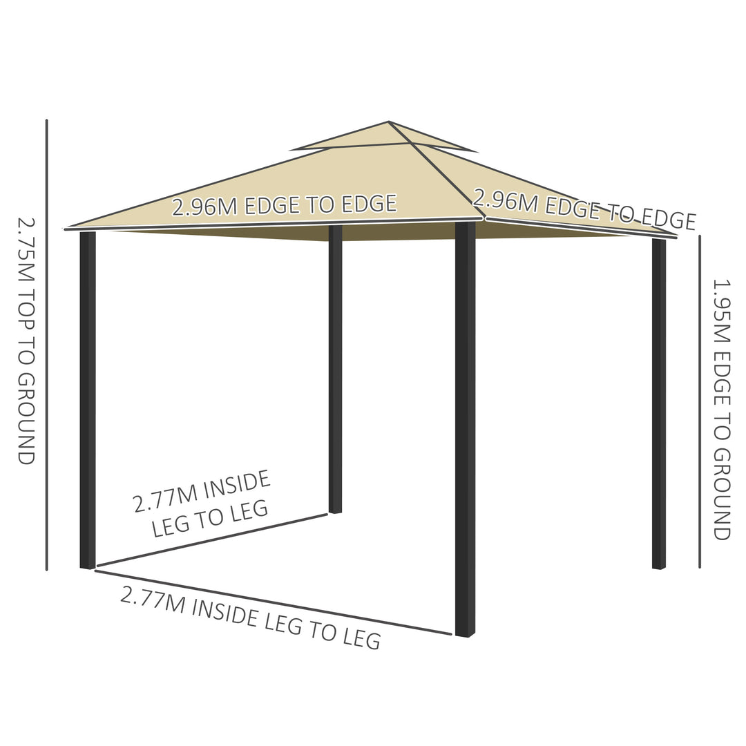 3 x 3(m) Patio Gazebo Canopy Garden Pavilion Tent Shelter with 2 Tier Water Repellent Roof, Mosquito Netting and Curtains, Aluminium Frame, Beige