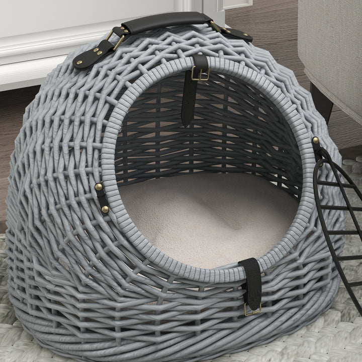 Wicker Pet Carrier Basket Cat Kitten Bed Portable Travel Cage w/ Soft Cushion Handle Grey 50 x 40 x 40 cm