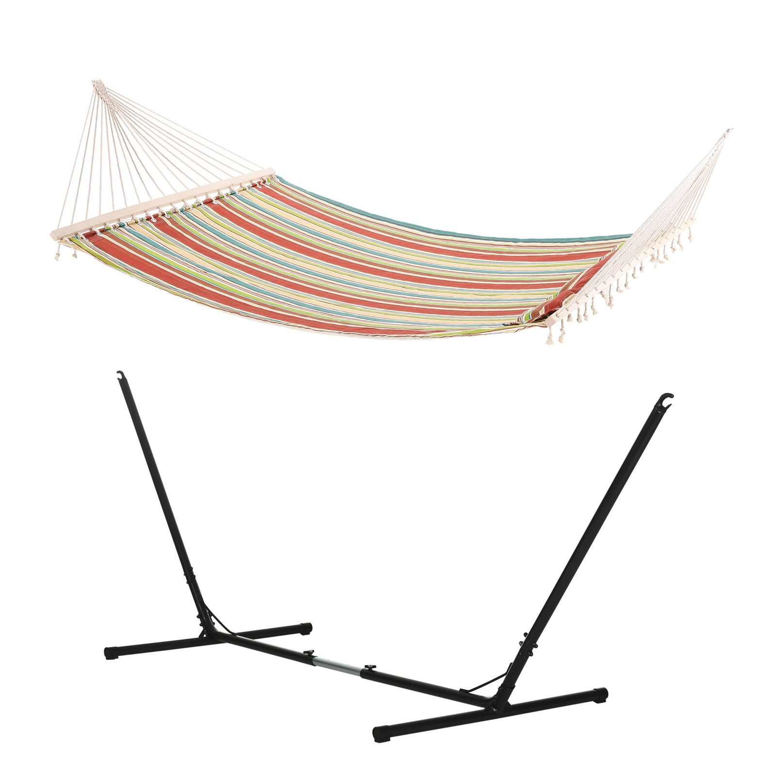 Outdoor Garden Hammock with Stand, Double Cotton Hammock with Adjustable Steel Frame, Swing Hanging Bed with Pillow, for Garden, Patio, Beach, Red Stripes