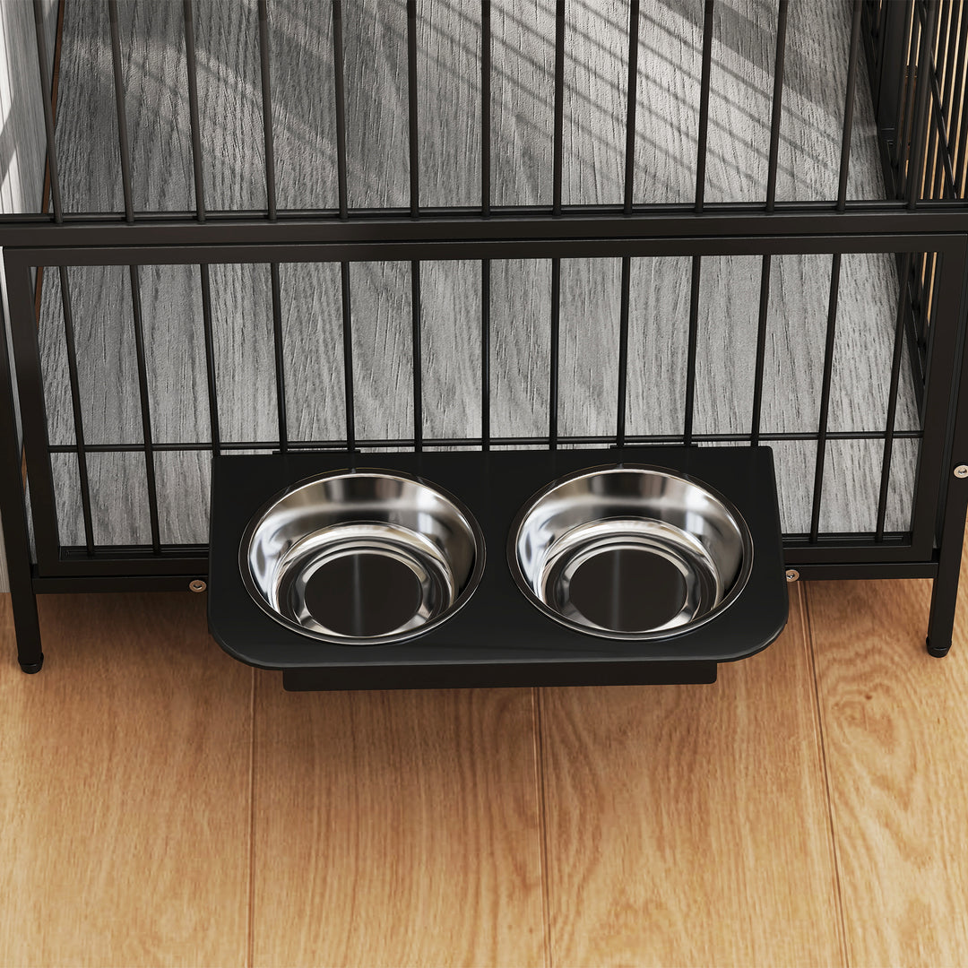 Dog Crate Furniture with Rotating Bowl Holder, 2 Bowls, 2 Doors, for Medium Dogs, 80 x 56 x 76.5 cm, Grey