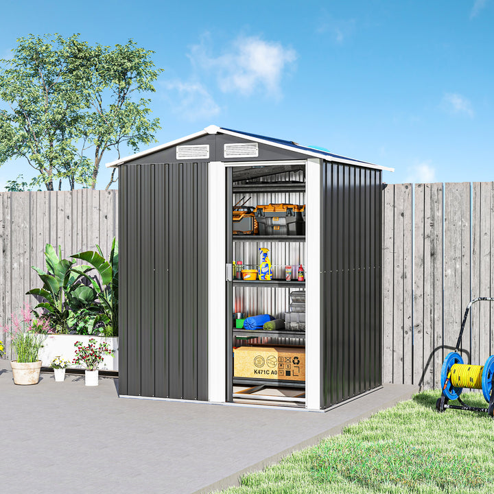MCL Garden Metal Tool Storage Shed with Sliding Door, Sloped Roof and Foundation Kit, 152 x 132 x 188cm, Grey