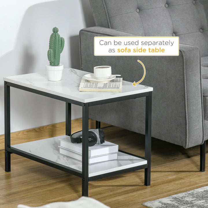 Modern Coffee Table Set of Two, Marble-Effect Nesting Side Tables with Steel Frame for Living Room, White, Black