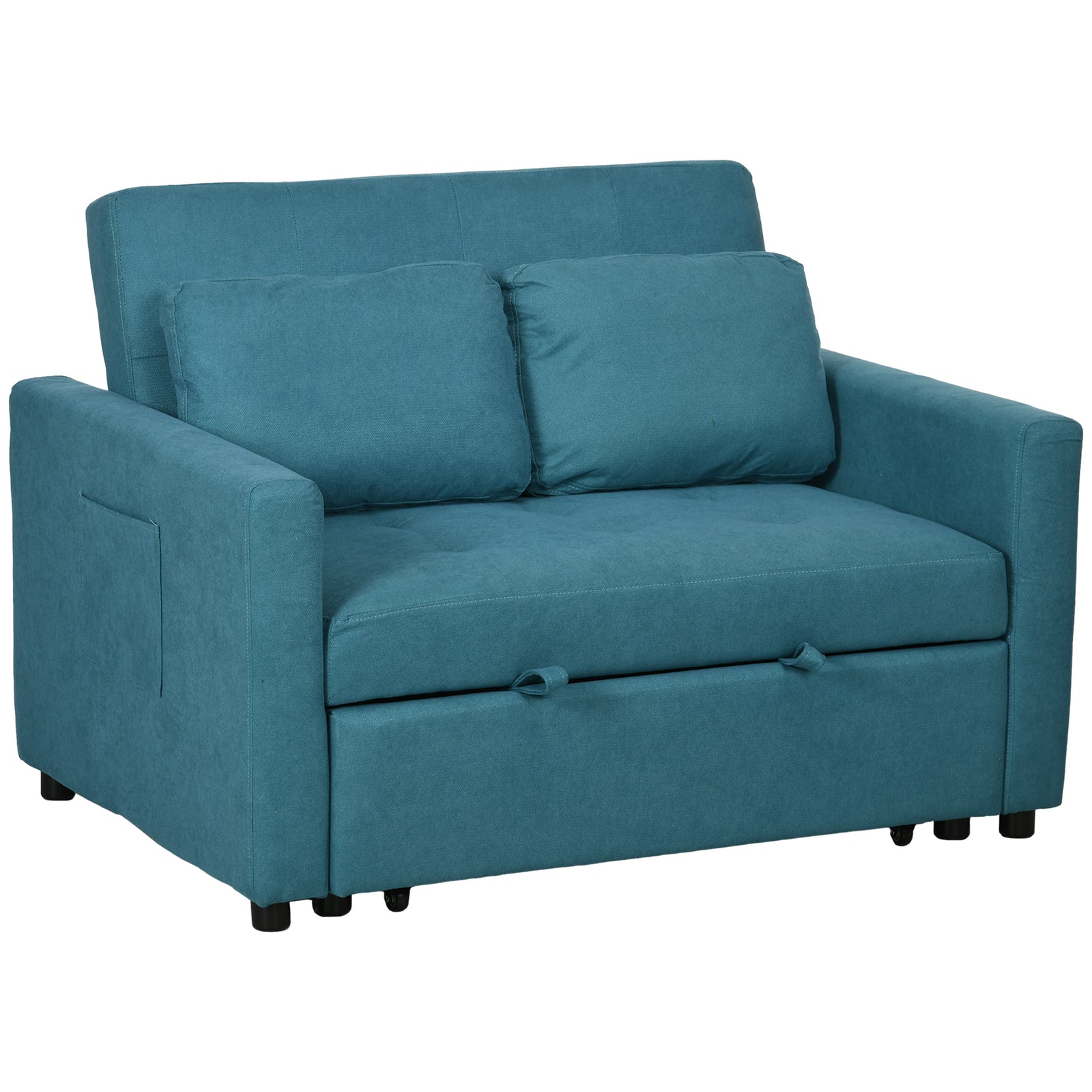 Loveseat Sofa Bed, Convertible Bed Settee with 2 Cushions, Side Pockets for Living Room, Blue