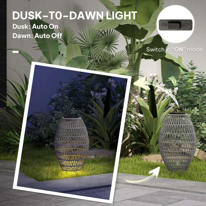 Rattan Solar Lamp, Garden Solar Lantern with Auto On/Off Light, IP44 Waterproof, Decorative Outdoor Rattan Lamp for Porch, Pathway, Grey