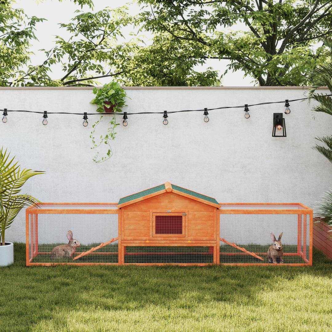 PawHut Wooden Rabbit Hutch with Run, Tray, Ramps, Asphalt Roof, 309 x 70 x 87cm, Orange