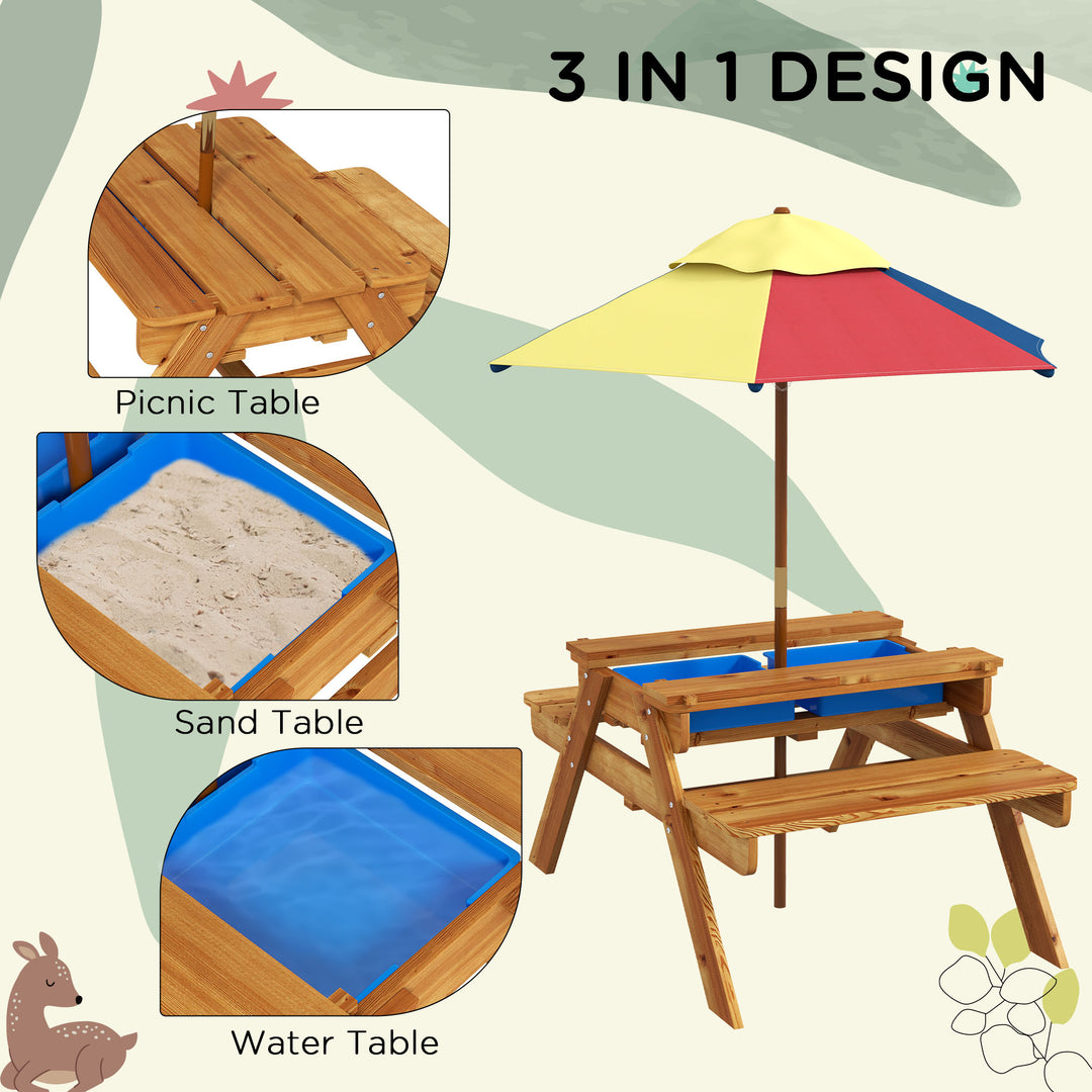 Outsunny Kids Picnic Table Set, 3 in 1 Sand Pit Activity Table, Kids Garden Furniture w/ Removable Parasol, for 3