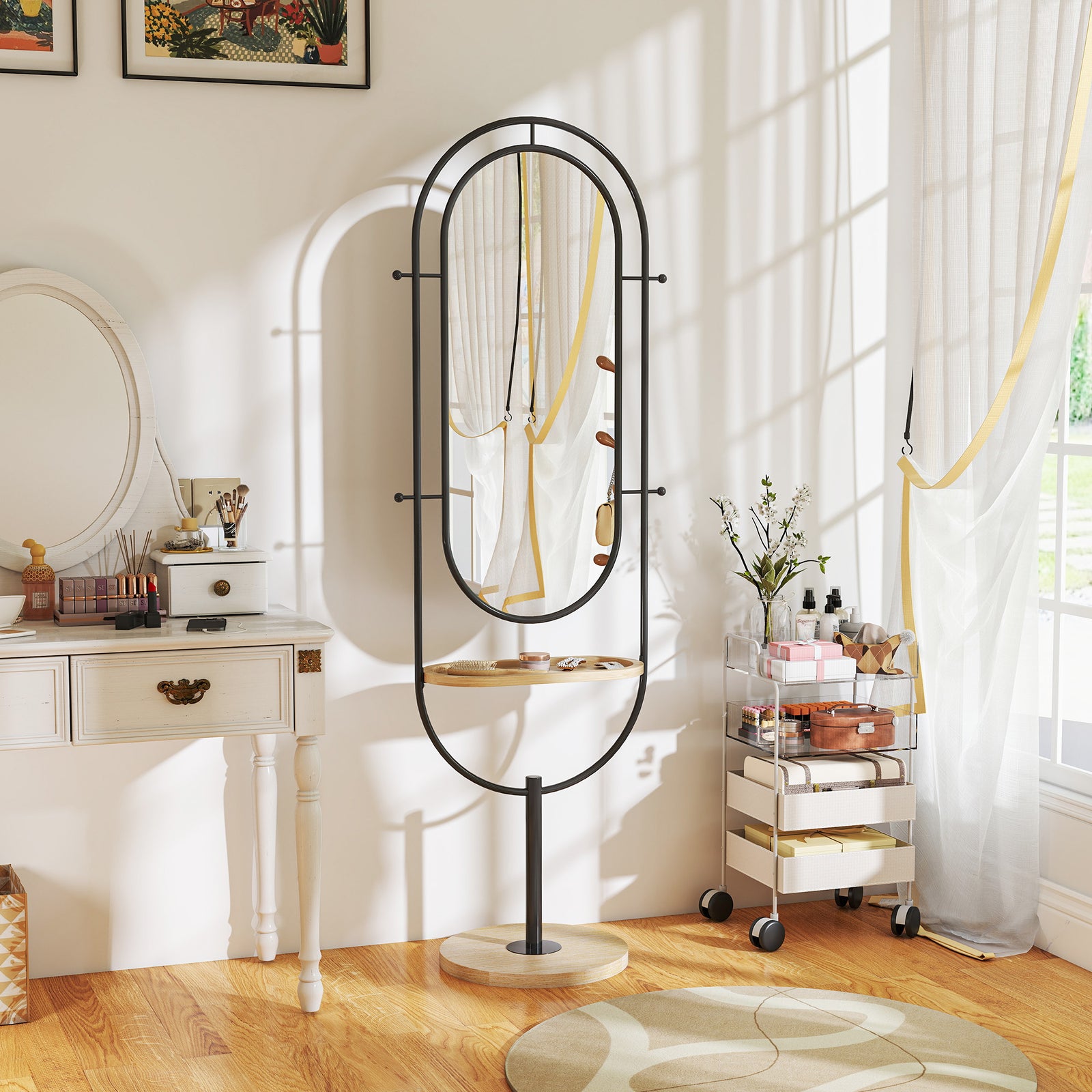 Oval Full Length Mirror with Wooden Tray and 4 Hooks - Black