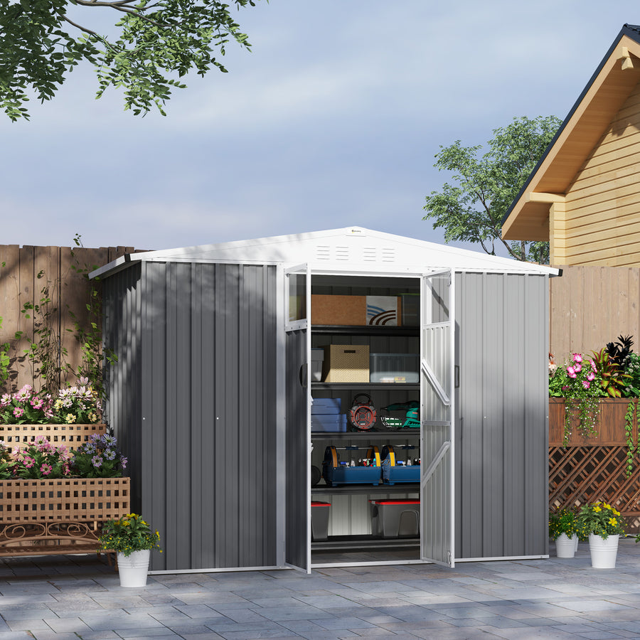 8 x 4 ft Metal Garden Shed, Garden Storage Shed with Window, 4 Vents and Lockable Door, Waterproof Galvanised Steel Tool Storage Shed, Light Grey