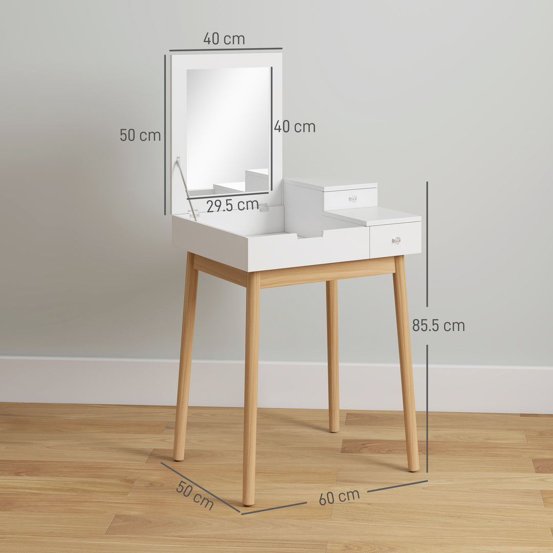 MCL Dressing Table with Flip-up Mirror, Makeup Desk with 2 Drawers and Pine Wood Legs, Vanity Table Writing Desk for Bedroom Living Room, White