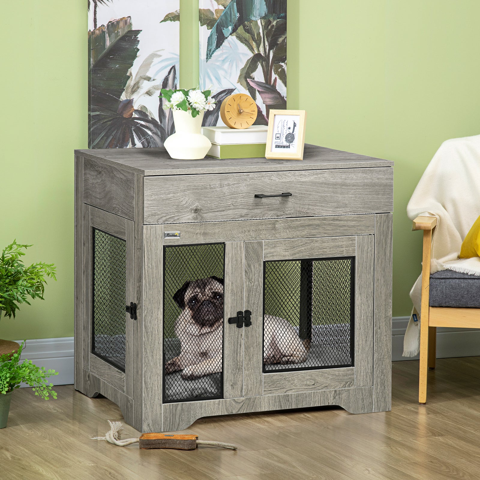 Dog Cage End Table with Two Doors, Drawer, for Medium Dogs - Grey