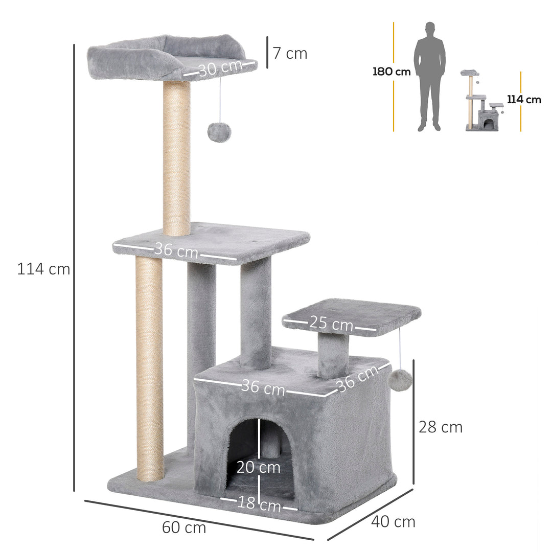 PawHut Feline Fun Tower: 114cm Tall Activity Centre with Scratching Posts, Perch, Dangling Ball & Condo, Light Grey | Aosom UK