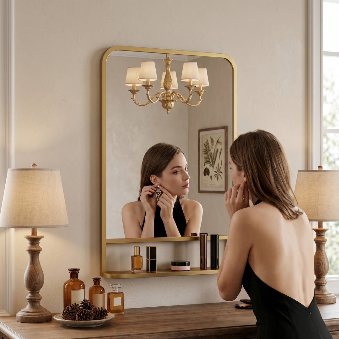 Modern Rectangular Wall Mirror with Storage Shelf, 70 x 50 cm, Gold To
