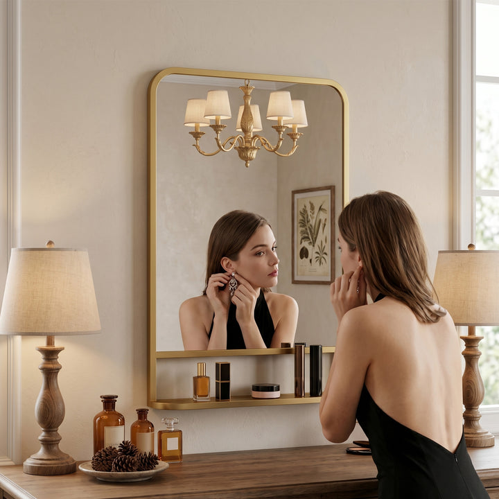 Modern Rectangular Wall Mirror with Storage Shelf, 70 x 50 cm, Gold To
