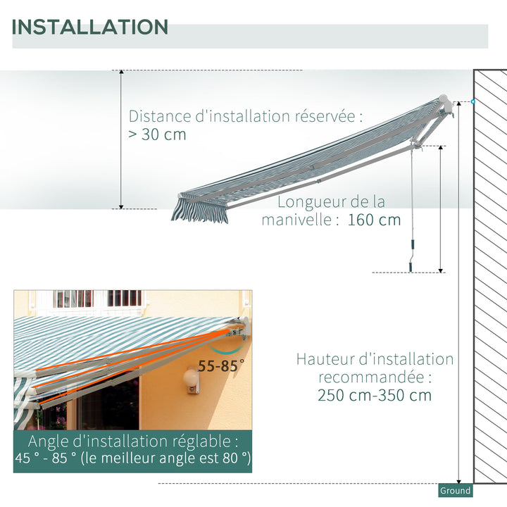 Manual Retractable Awning, size (4m x3m)-Green/White Stripes