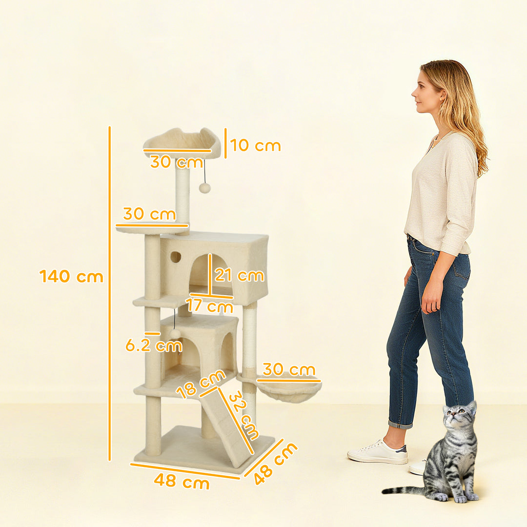 MCL 140cm Large Cat Tree Tower with Sisal Scratching Posts, Condos, Plush Perches, Hammock, Ladder, Beige