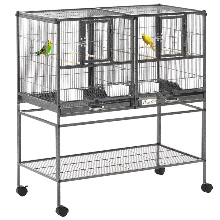 PawHut Double Rolling Metal Bird Cage Parrot Cage with Removable Metal Tray, Storage Shelf, Wood Perch, and Food Container