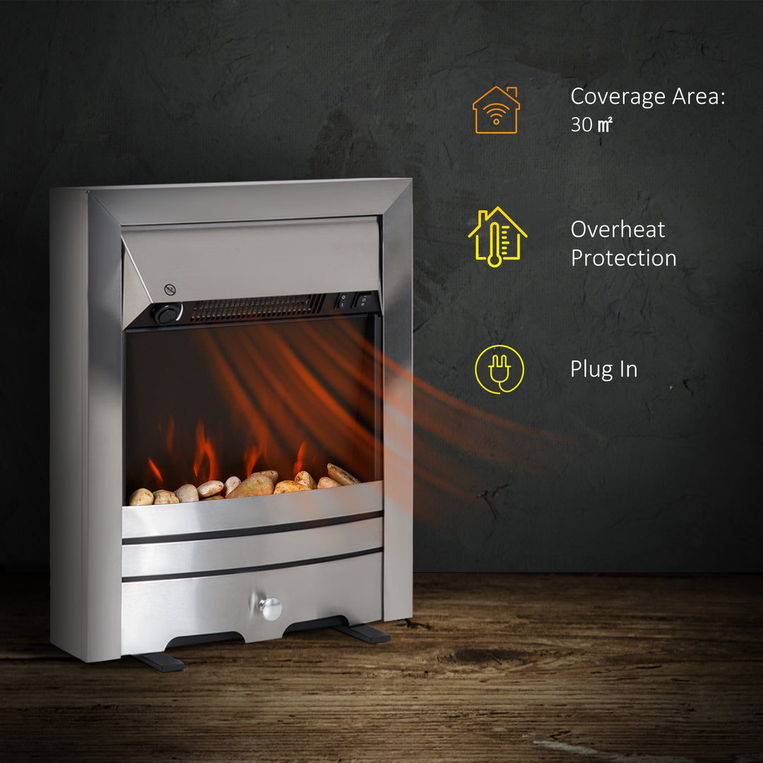 HOMCOM 2KW Electric Fireplace Pebble Burning Effect Heater Fire Flame Indoor Stove LED Lighting - Stainless Steel