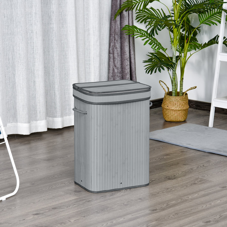 70L Natural Wood Laundry Basket A Compartment w/Flip Lid Removable Lining Handles Board Base Foldable Durable Water-Resistant Dirty Clothes Storage Home Organisation Grey