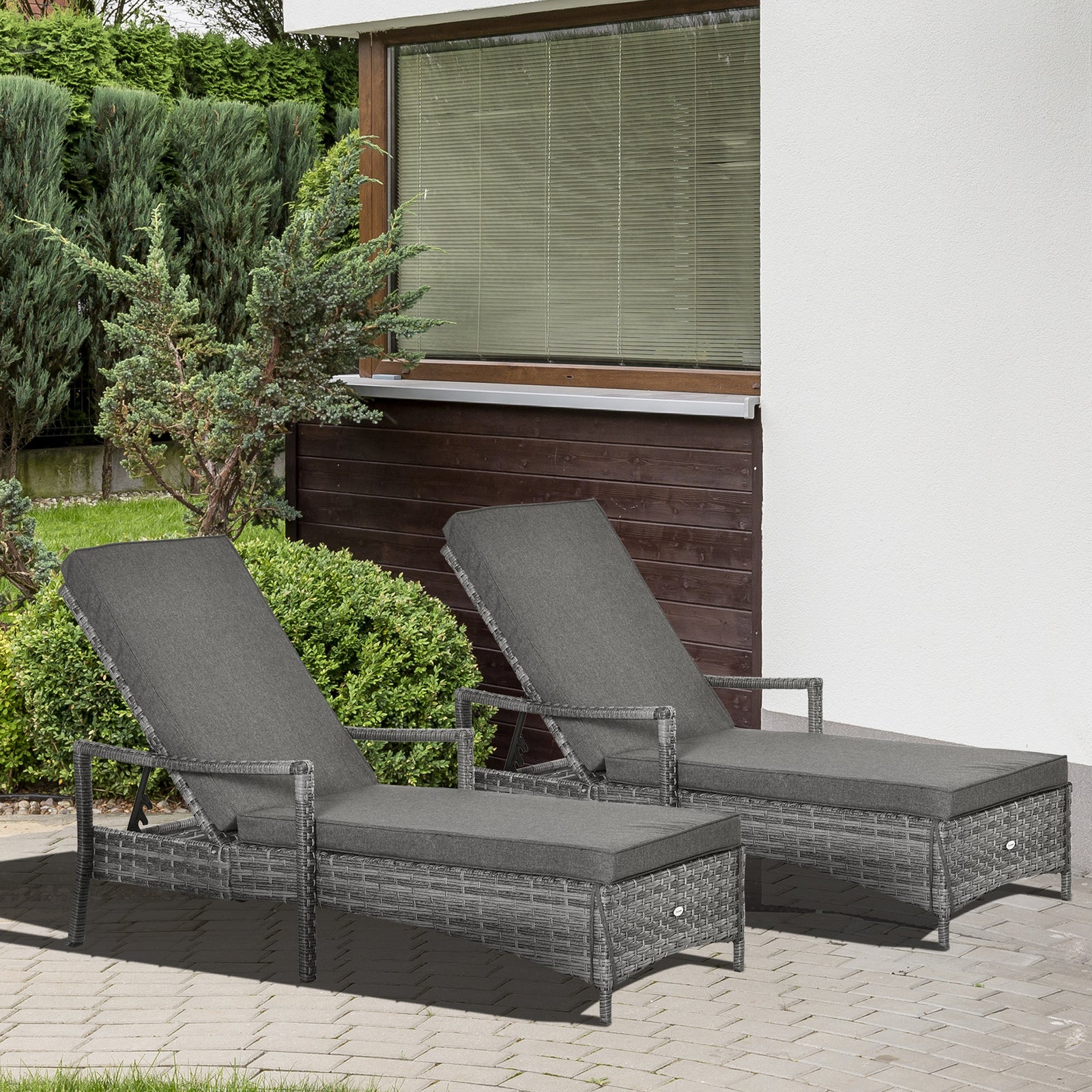 PE Rattan Sun Loungers set of 2 with Cushion, Outdoor 2 Pieces Garden Sunbed Furniture with 4-Level Recliner Backrest, and Armrest, Grey