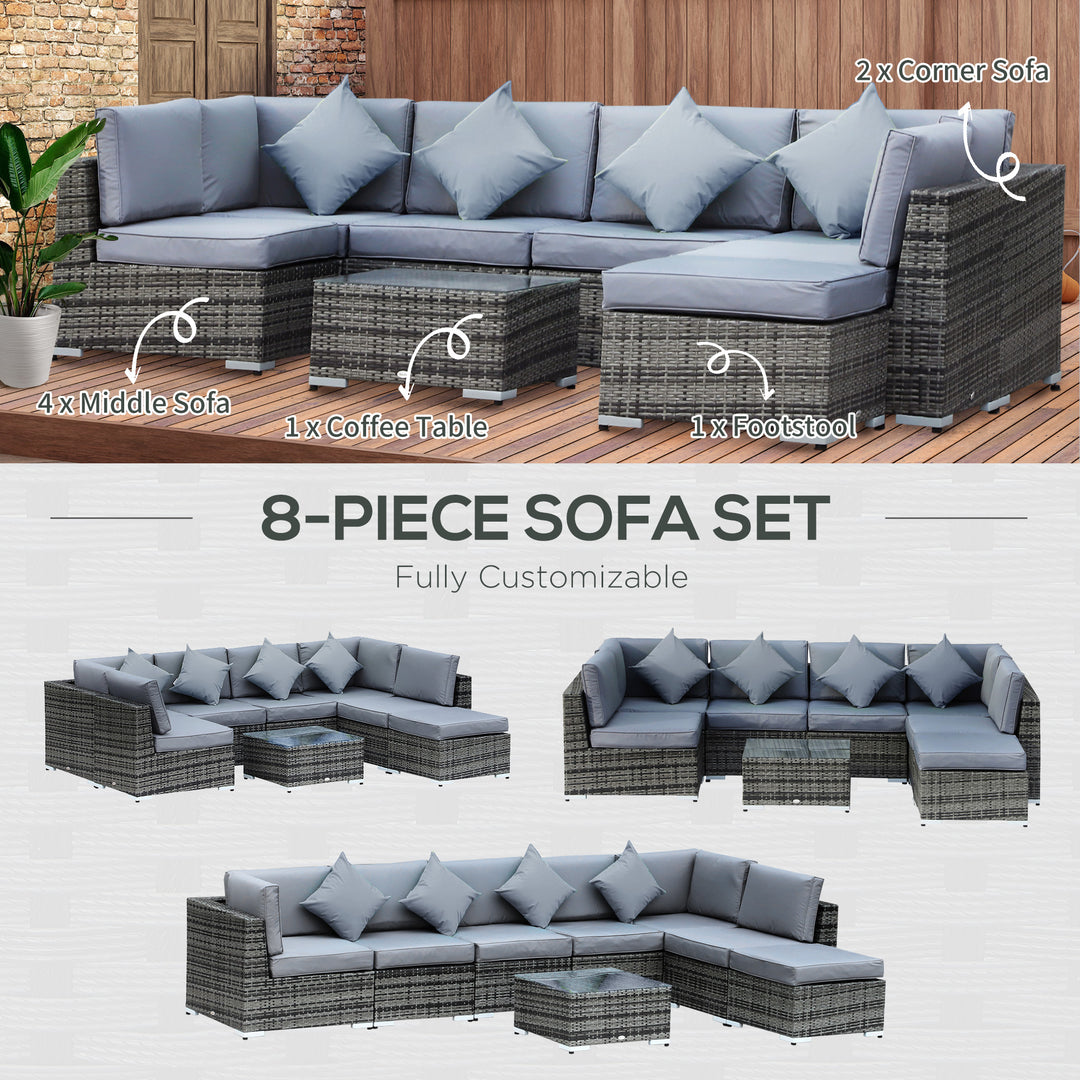 MCL 8 Piece Rattan Corner Sofa Set with Wide & Deep Seat, Assembled Aluminium PE Rattan Garden Furniture Set with Thick Cushions and Glass Top Table for Outdoor, Conservatory, Grey