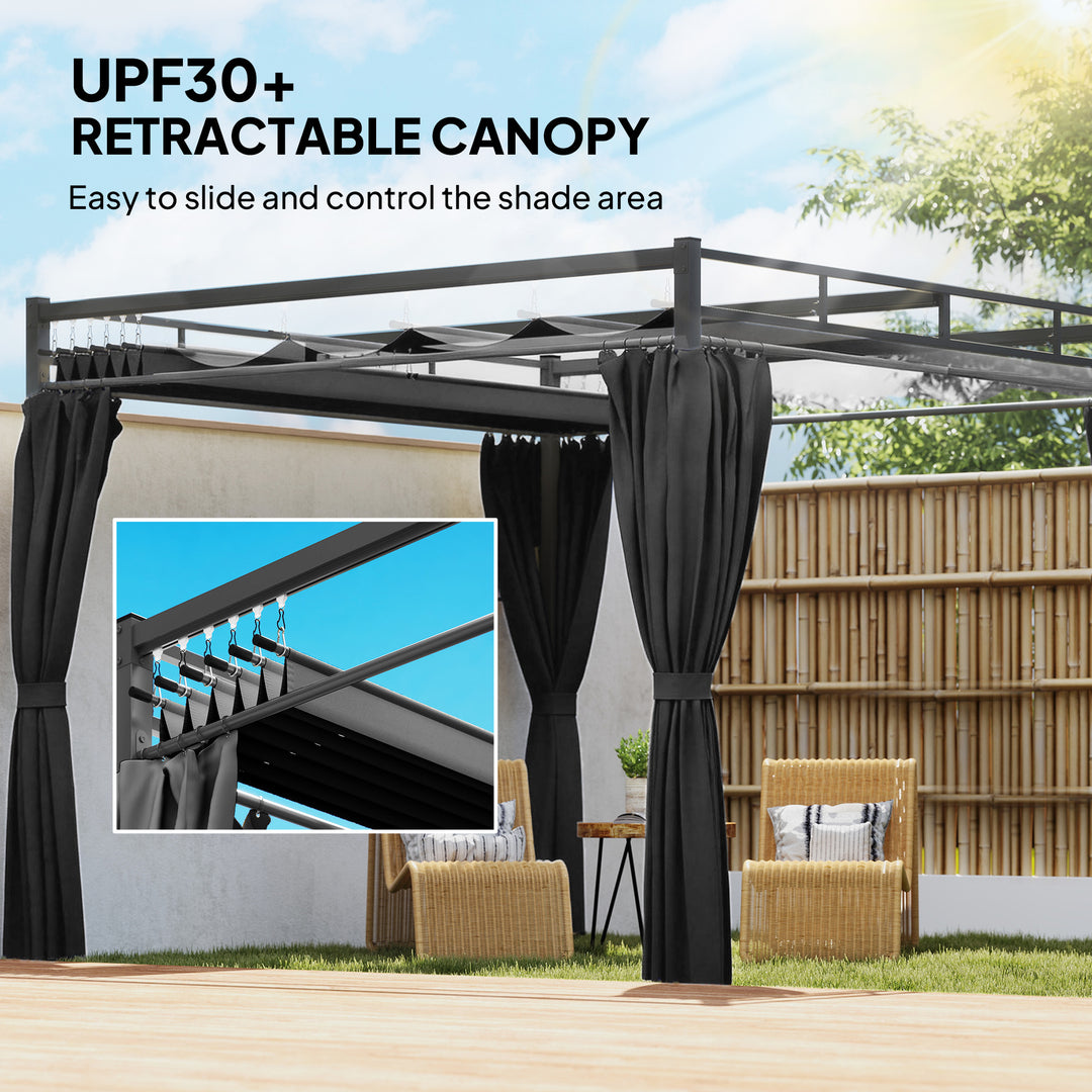 3 x 3 m Pergola with Retractable Roof Canopy and Curtains, UPF30+ Metal Frame Garden Pergola Gazebo Sun Shade