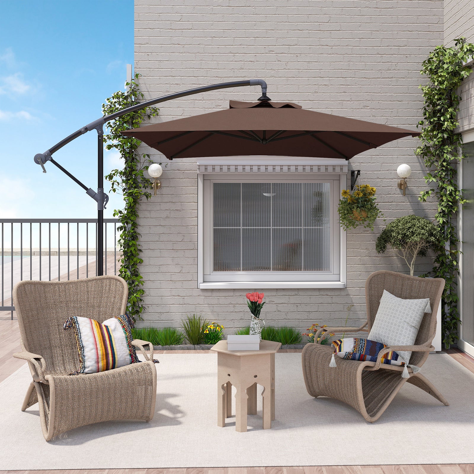 3m Square Canopy Cantilever Parasol, with Cross Base - Brown