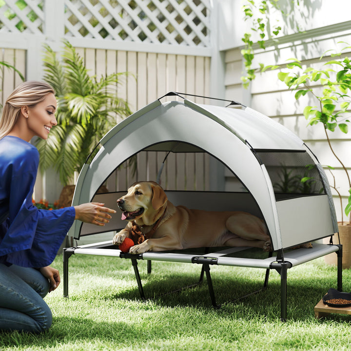 Portable Elevated Dog Bed with Removable Canopy, Cooling Raised Pet Cot for Large Dogs, 106 x 76 x 94 cm