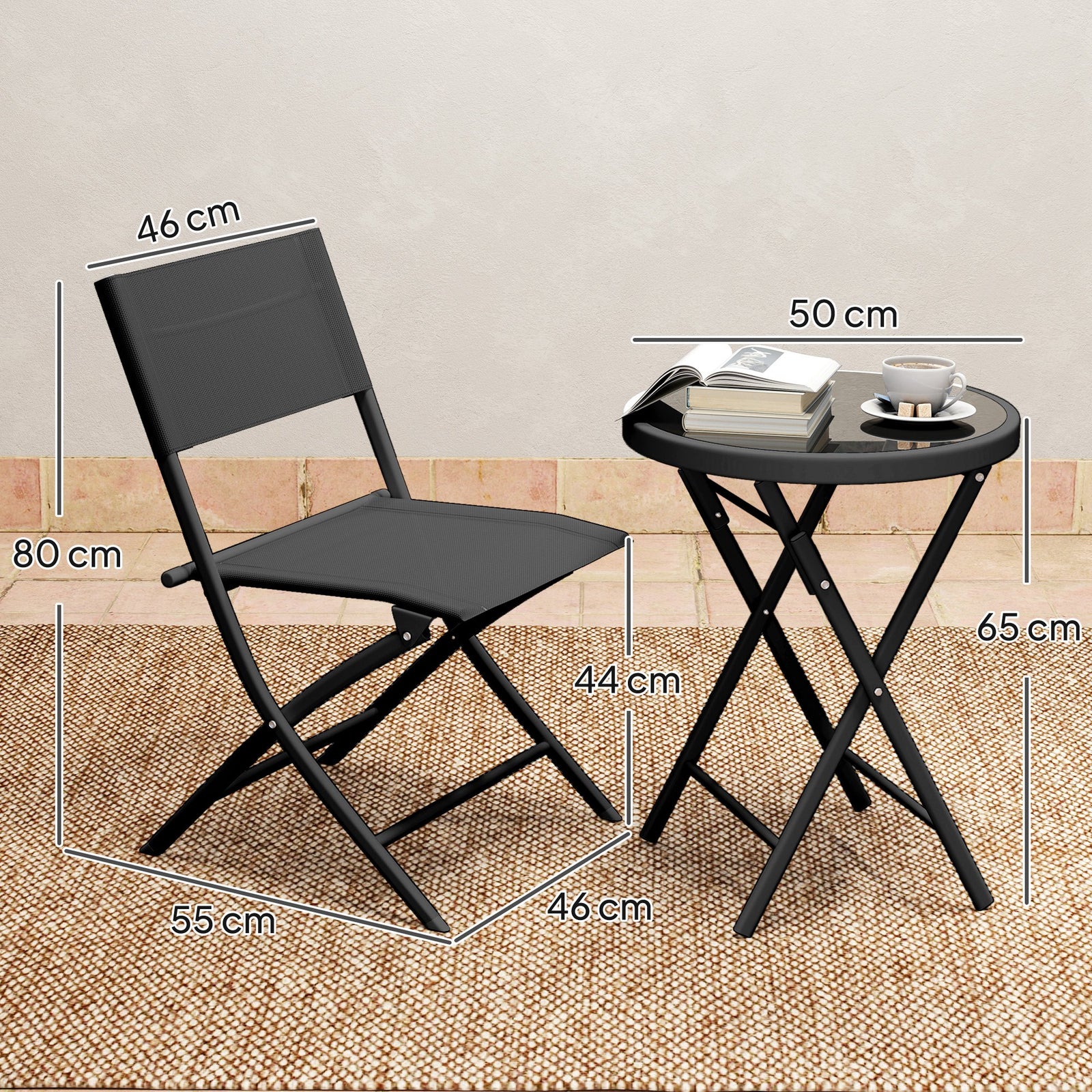 3 Pieces Outdoor Bistro Set, Glass Top Outdoor Table and 2 Folding Cha