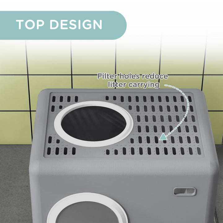 Enclosed Cat Litter Box, with Lid, Front Entry, Top Exit, Pull-Out Tray, Scoop - Grey