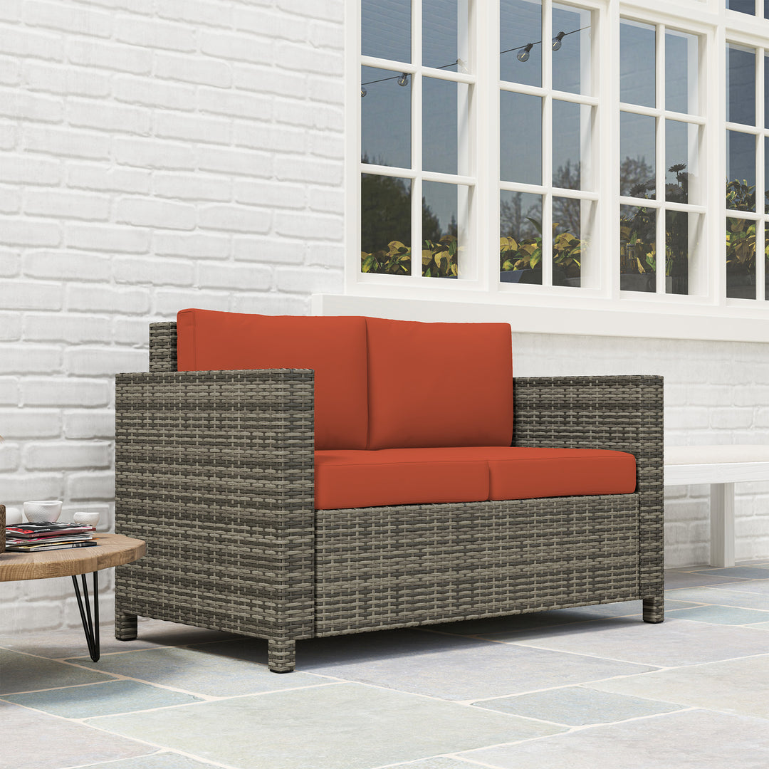 Rattan Sofa, 2 Seater Garden Furniture with Soft Padded Cushion and Armrests, Wicker Garden Loveseat for Patio, Grey