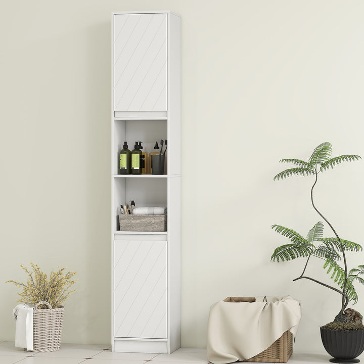 Narrow Bathroom Cabinet, Slim Bathroom Storage Unit with Open Compartment, Freestanding Storage Cupboard with Adjustable Shelves for Small Spaces, 30 x 24 x 170 cm, White