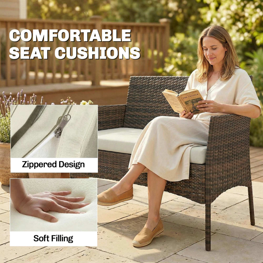 4 Piece Rattan Garden Furniture Sofa Set with Loveseat, Armchairs, Gla