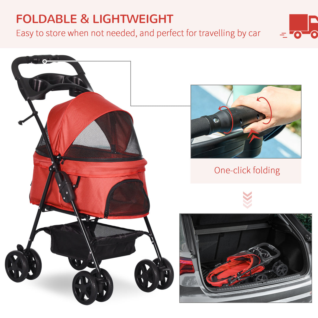 PawHut Pet Stroller, Weather Shield, One-Click Fold, EVA Tyres, Brake, Storage, Adjustable Hood, Safety Tether, Red | Aosom UK