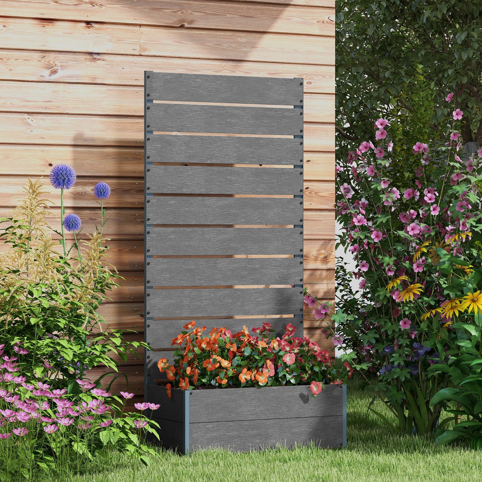34 x 69.5cm Garden Planter Box, with Back Trellis, Grey