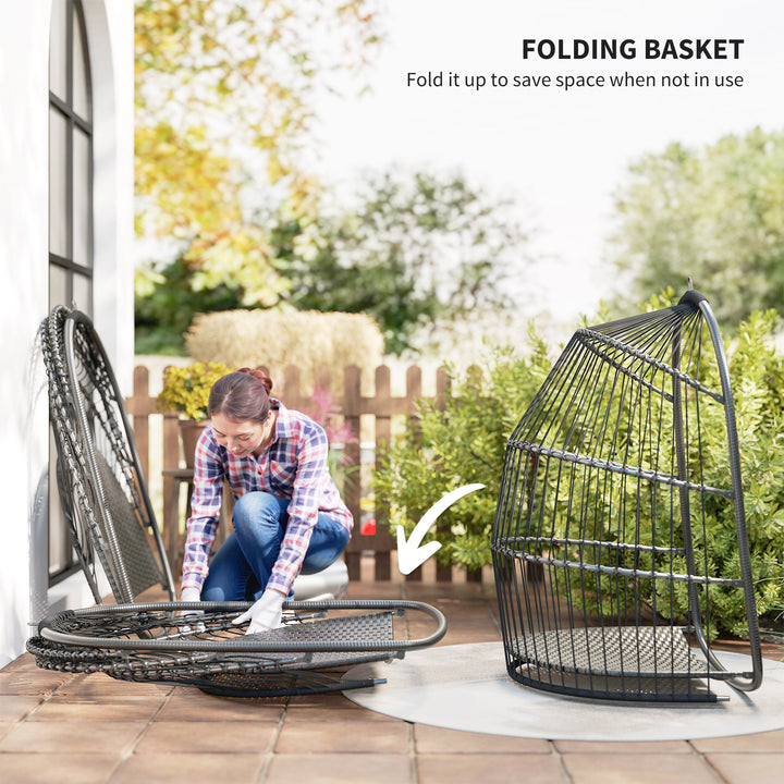 Hanging Egg Chair, Foldable Rattan Garden Swing Chair with Installation Kit, Thickened Cushion and Headrest, Indoor Outdoor Hanging Egg Basket Seat for Patio, Porch, Dark Grey